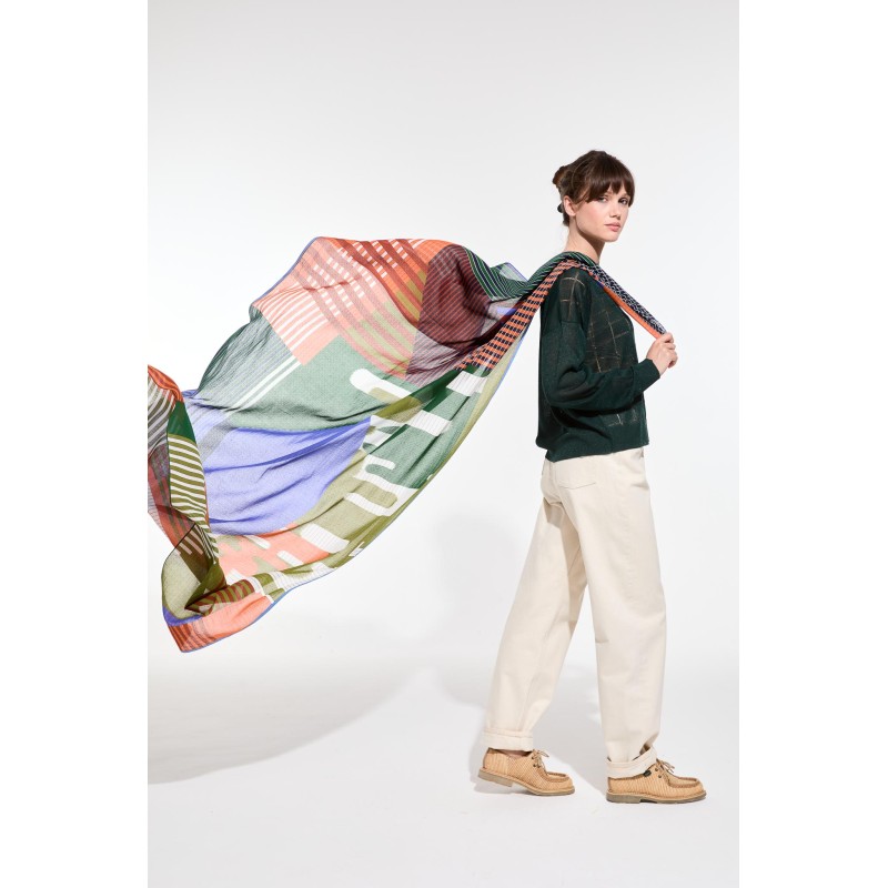 Foulard en coton Graphique Cascade bleu vert/Mapoésie