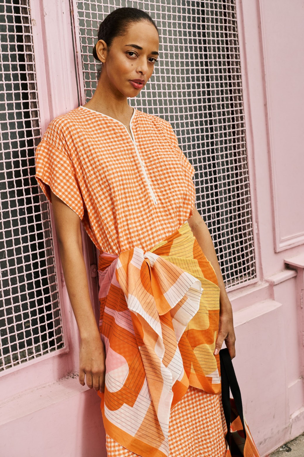 Robe longue manches courtes à carreaux-orange/Mapoésie