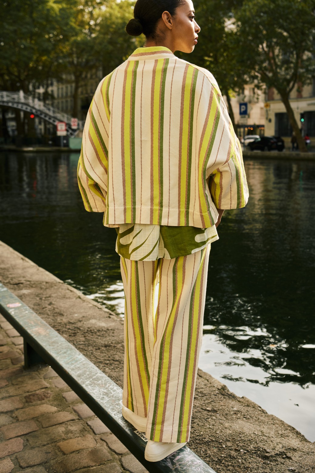 Pantalon taille haute à rayures-jaune/Mapoésie